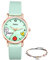 JewelryWe 2pcs Damenuhr Armband Schmuck Set Damen Kinder Analog Quarz Uhr mit Blume Erdbeere und Herz Leder Armbanduhr verstellbar Perlen Kugel Armreif für Frauen Mädchen Grün