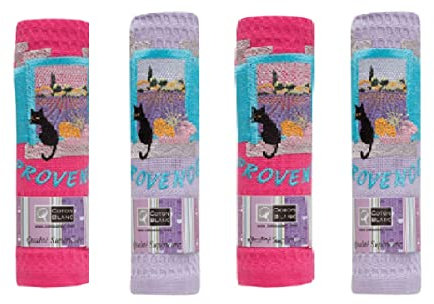 udc Cotton Blanc – Set mit 4 Geschirrtüchern mit Wabenmuster Provence Katze auf dem Fenster – Rosa und Violett