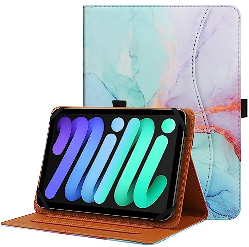 HGWALP Universal Case for 7inch-8inch Tablet,Multi-Viewing Angels PU Leather Stand Folio Case Cover with Handstrap for 7 8Touchscreen Tablet, with Adjustable Fixing Silicon Band-Marble Blue
