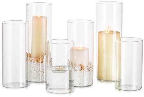 Glasseam Klarer Hurricane Kerzenhalter, Set mit 6 Kerzenhaltern für Stumpenkerzen, moderne Glaszylindervasen für Tafelaufsätze, schwimmende Kerzenvasen für Hochzeitstischaufsätze, 15,2 cm + 20,3 cm +
