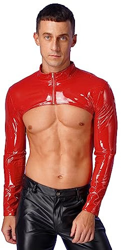 iiniim Herren Wetlook Langarmshirt Metallic Jacke Hemd Tops mit Reißverschluss Lack-Optik Muskelshirt Shrug Tops Rot XL