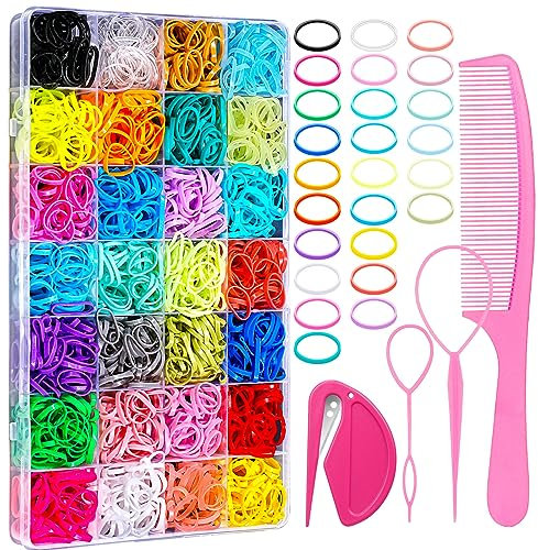 28 Colors Elastic Hair Bands Coloured, 1500 Pcs Small Hair Bands with Tail Hair Tool Hair Comb Hair Elastics Cutter, Mini Rubber Hair Ties for Baby Girls Women