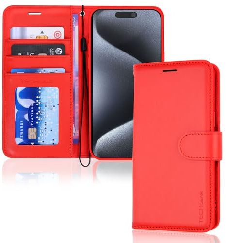 TECHGEAR iPhone 15 Pro Leather Wallet Case, Flip Protective Case Cover with Wallet Card Holder, Stand and Wrist Strap - Red PU Leather with Magnetic Closure Designed for iPhone 15 Pro 6.1