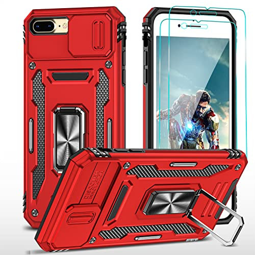 YmhxcY Hülle Für iPhone 7 Plus/iPhone 8 Plus Hülle,*2 Displayschutzfolie,Slide Camera Cover, Militär Grade Schutzhülle, 360°Drehen Metallständer,Für iPhone 7 Plus/iPhone 8 Plus Hülle-Rot