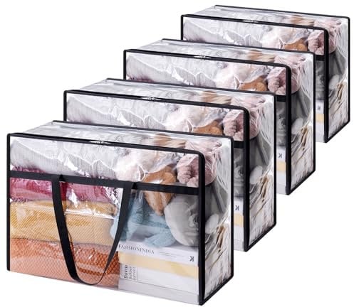 Lifewit 4 Stück Transparente Plastik Aufbewahrungstasche, 60L Kleiderschrank Organizer Aufbewahrungsbox mit Deckel Kleideraufbewahrung Umzugskartons mit Verstärkter Griff für Bettdecken, Kleidung