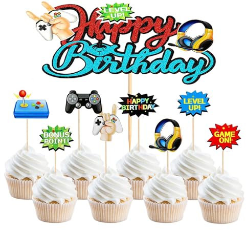 Videospiel Tortendeko Geburtstag, Videospiel Cupcake Topper, Happy Birthday Kuchen Deko, Videospiel Thema Muffin Dekoration für Jungen Kindergeburtstag Gaming Cake Topper Thema Party Deko