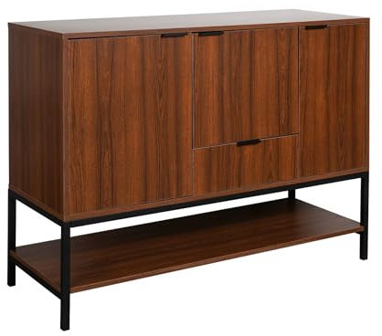 sweeek - Buffet Bas en décor Noyer et Pieds et poignées en métal Noir L110cm - Buffet Haut. vaisselier. 3 Portes. 1 tiroir et 3 étagères