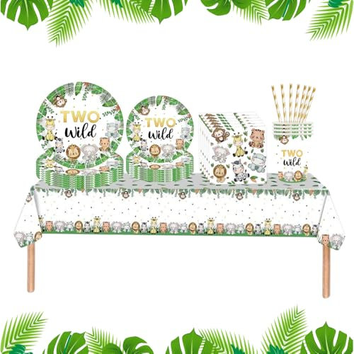 Two Wild Tableware Set, 2nd Jungle Animals Birthday Party Supplies, Safari Animal Birthday, Napkins, Cups, Tablecover, 63pc Set