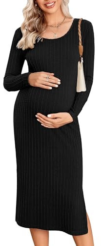 Ekouaer Maternity Dress Womens Casual Long Sleeve Side Split Pregnancy Long Dress Maternity Clothes, Black, XL
