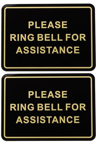 PATIKIL Please Ring Bell for Assistance Sign, 2Pcs 6Lx4W Self-Adhesive Warning Sign for Business Home Door Wall Window Office Entrance, Black Board Gold