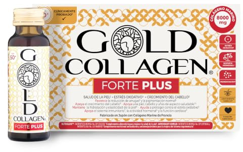 GOLD COLLAGEN Forte Plus - 8.000mg Colágeno Marino Líquido, 10 Botellas | 23 Ingredientes con Ácido Hialurónico, Vitamina C, Biotina y Zinc, Hidratación y Elasticidad de la Piel, Melocotón y Lichi