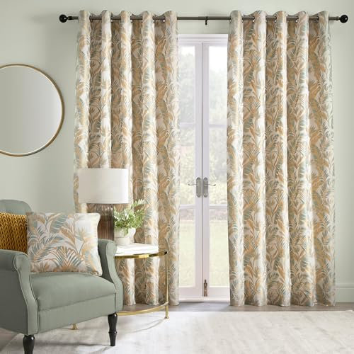 Laurence Llewelyn-Bowen - Ochre/White Tropical Palm Tree Curtains W90 x L90 (229 x 229cm) - Jacquard Curtains w/Floral Leaf/Fern - Luxury Drapes for Living Room/Bedroom- Paradise Palm Collection