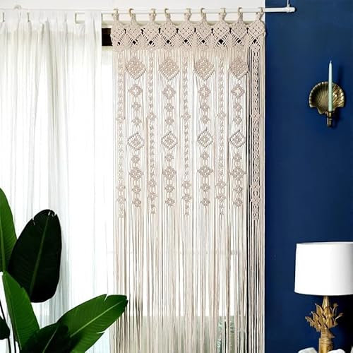 Boho Macrame Vorhänge Fenstervorhang Türvorhänge, Handgewebte Baumwollseil Türvorhänge Wandbehang Tapisserie Gewebte Baumwoll Wanddekoration für Wohnzimmer Schlafzimmer Hochzeitsfeier (85*200cm)