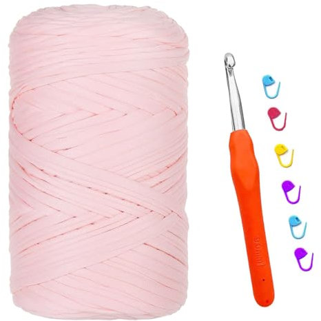 T-shirt Garn, 400G/120M Tshirt Garn zum Häkeln, Textilgarn mit 9,0 mm Häkelnadel, Dickes Darn für Taschen Häkeln, Körbe, Teppiche, Kunsthandwerk (Rosa)