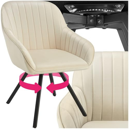 tectake® drehbare Esszimmerstühle mit Armlehne, Schalenstuhl ergonomisch mit Samt Bezug, gesteppt, Stühle drehbar für Wohnzimmer, Esstisch, Arbeitszimmer, Schminktisch, Küchenstühle - 1er Set, Creme