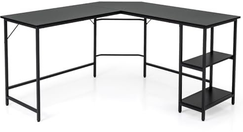 CASART L-shaped Computer Desk, Steel Frame Office Desk Corner Writing Desk with Storage Shelves, Wooden PC Laptop Table Computer Workstation for Home Office Bedroom Study (Black)