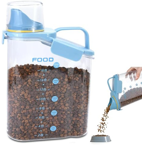 Dog Food Storage Container, 2.8L Pet Food Portable Dispenser with Measuring Cup, BPA free Double-Sealed Moisture-Proof Transparent Cat Food Container for Travel with Handle, Can Store Cereal, Rice