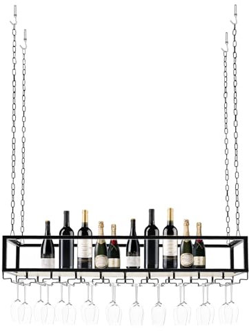 jiumxliu 100cm Hängendes Weinglashalter Regal Hängeregal Deckenregal Höhenverstellbar Hängende Metall Weinregal mit Gläserhalter und Regal bis 75kg für Küche Bar Restaurant