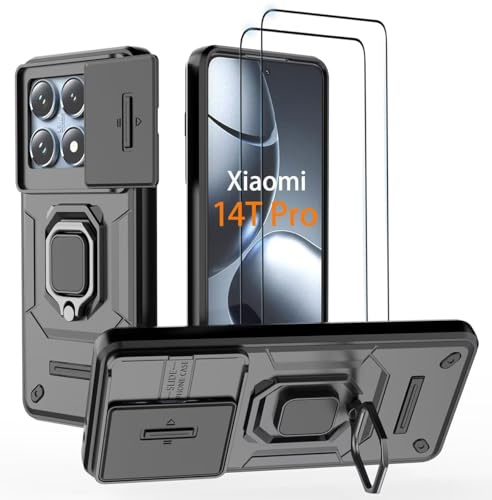 DERHAN Cover per Xiaomi 14T Pro 5G con Vetro Temperato [2 Pezzi], Custodia Antiurto con Protezione Fotocamera e Supporto - Nero