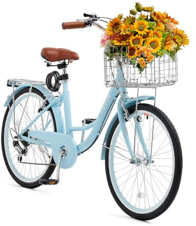 VEVOR Cruiser Fahrrad mit 7 Gängen (Reifendurchmesser 61 cm) Beach Fahrrad mit großem Korb & Gepäckträger, Cruiser-Fahrrad mit verstellbarem Sitz, für Radfahren & Trainieren & Einkaufen Blau