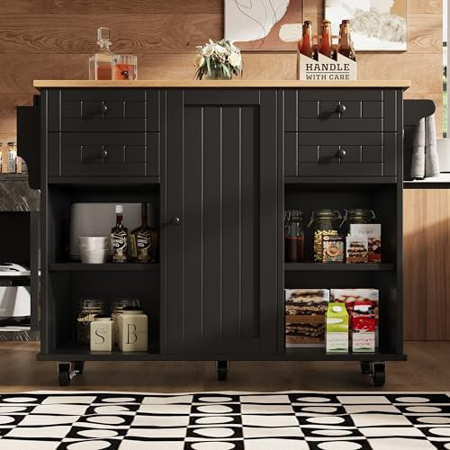 Merax Kücheninsel mit Arbeitsplatte, Küchenwagen mit Rollen, Kitchen Island Cabinet Küchenschrank mit 1 Tür, 4 Schubladen, Gewürzregal, Handtuchhalter, 127 x 46 x 91.5 cm/Schwarz