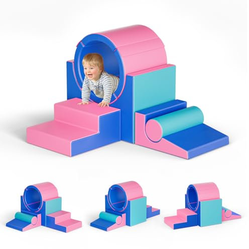 MINENICE Kinder Schaumstoffbausteine, große Schaumstoffbausteine, Indoor-Kletterblöcke, Kinderklettergerüste (Blau & Rosa Tunnel-5pcs)