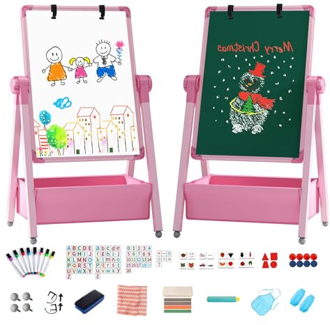 Chidiam Chevalet pour Enfants 3 en 1 Double Face Planche à Dessin Pliable, Hauteur Réglable, Rotatif à 360 ° Tableau Blanc Et Noir avec Lettres Et Chiffres pour Garçons Et Filles