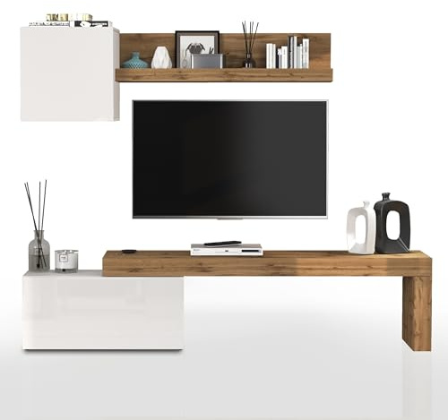WHOUS Parete Attrezzata CHRONOS per Soggiorno, Mobile Tv Regolabile, Cubo con 1 Anta e Mensola per Salotto in Legno, 180/260x40 cm, Bianco Lucido e Rovere