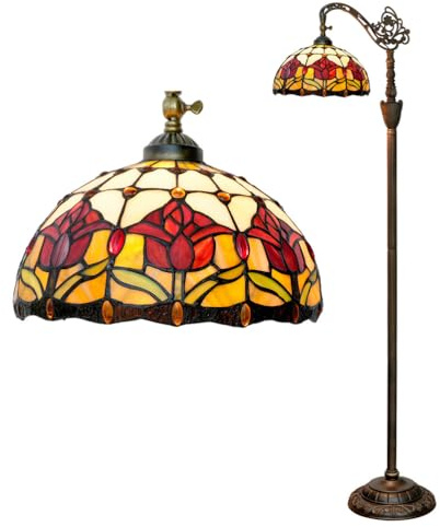 Fiunkes Stehlampe mit roter Tulpenblüte, gewölbte Stehlampe im Tiffany-Stil mit rot-grünen Buntglas-Kristallperlen, Verstellbarer Schwanenhals, Eck-Leselampe für Schlafzimmer und Wohnzimmer
