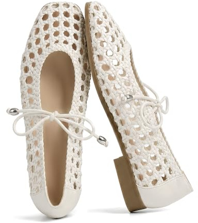 SOVANYOU Women's Ballet Flats Comfortable Mesh Woven Mary Jane Shoes Square Toe Breathable Raffia Flats with Strap Dressy Straw Flat Shoes