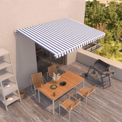 Tenda da sole manuale retrattile, 400 x 350 cm, blu e bianco, protezione solare per esterni, con manovella