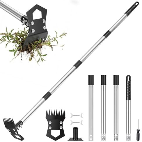Kkluno Extractora de Malas Hierbas Mango Largo 150cm - Herramientas de Malas Azadas 2 en 1 Rastrillo de Malas Hierbas y Azada de Jardín, Eliminación de Manual para Deshierbar Patios Huerto Jardines
