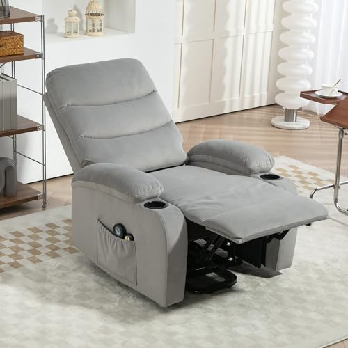 ATOMSTACK MAKER HOMELEN Fauteuil Releveur Électrique Inclinable avec Massage Vibrant, Chauffage Lombaire, Tissu Velours Gris, Porte-Gobelets & Pochette Latérale