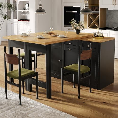 BENMWS Tavolo da bar allungabile con vano portaoggetti, tavolo da pranzo pieghevole con cassetto e ripiano per snack, nero, porta pattumiera estraibile (senza secchio), design salvaspazio per piccoli