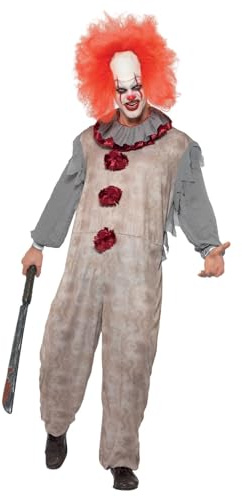 Smiffys Vintage Clown Costume, Grey & Red with Jumpsuit & Neck Ruffle, Halloween Cirque Sinister Fancy Dress, Clown Dress Up Costumes