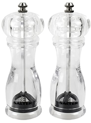 Salter 7606 CLXR Molinos contemporáneos de sal y pimienta, molinillos para condimentos de cocina, molienda ajustable de gruesa a fina, acrílico claro