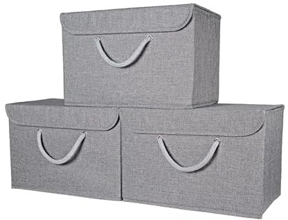 Grey Fabric Storage Boxes with lids. Stackable and Foldable. For wardrobes, shelves, clothes, bedroom, office, cupboard, keepsake memory box, crafts, toys, shoes, socks. Rope Handle 3pk 37x25x25cm