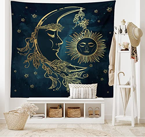 ABAKUHAUS Ägypten Wandteppich und Tagesdecke, Mond mit Boho Federn aus Weiches Mikrofaser Stoff Waschbar ohne Verblassen Digitaldruck, 230 x 140 cm, Blau Gelb
