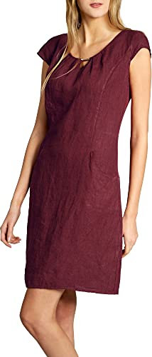 Caspar SKL020 knielanges Damen Sommer Leinenkleid mit eleganter Metallspange bis Größe 50, Farbe:weinrot, Größe:XXL - DE44 UK16 IT48 ES46 US14