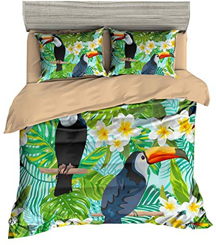 Loussiesd Set copripiumino sacco piumino singolo per letto per ragazze e bambini, motivo tropicale toucano, copripiumino con 1 federa per cuscino con cerniera in microfibra verde, 2 pezzi