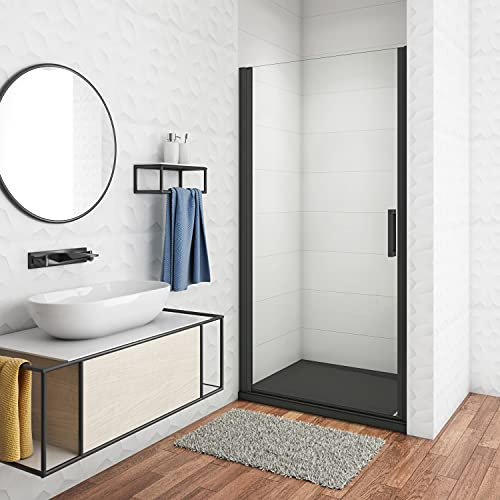 Porta doccia battente per nicchia vetro trasparente anticalcare 8mm telai nero opaco doccia a filo pavimento 90x200cm