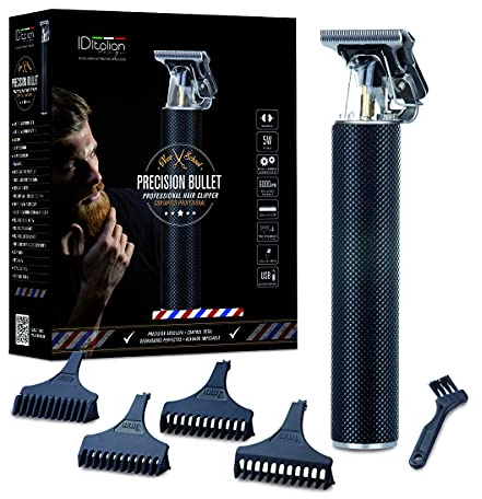 Italian Design Precision Bullet Haarschneider – Präziser Barttrimmer & Detailer mit Edelstahlklingen, 4 Aufsätzen (1–4 mm), 6000 RPM Motor, Kabellos & USB-Ladung