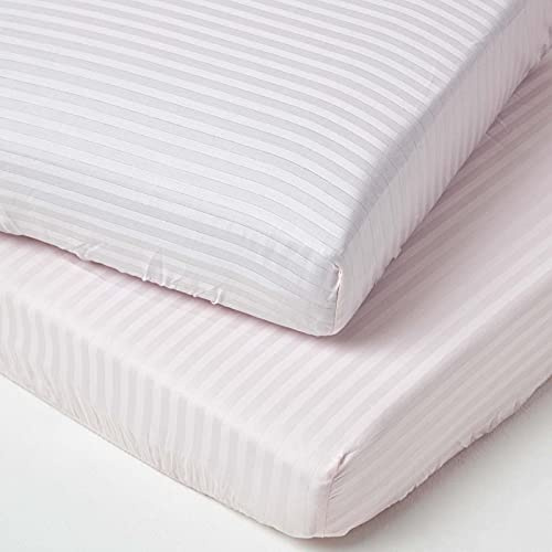 HOMESCAPES 2er-Set Damast Spannbettlaken für Babybett 60x120 cm rosa, Kinder-Spannbetttuch ägyptische Baumwolle mit Satin-Streifen