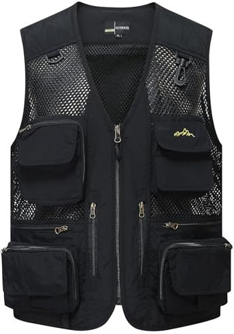 Flygo Herren Mesh Anglerweste Multi Taschen Schnelltrocknend Atmungsaktiv Weste für Outdoor Jagd Reisen Sport, schwarz, X-Large