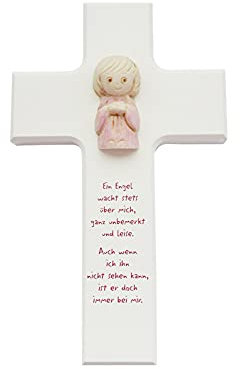 Kinder-Kreuz ca. 15 x 9 cm weiss mit Ton-Engel (ca. 4 cm) rosa bemalt Text Ein Engel wacht stets...