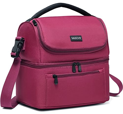 VASCHY Bolsa Térmica Porta Alimentos para Mujer, Bolsa Comida Trabajo Bolsa Almuerzo Bolsa Isotermica Nevera Portatil con Dos Compartimentos y Correa Ajustable para Picnics Playa Camping, 13,4 L, Rojo
