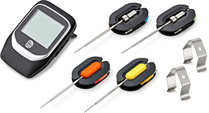 Alles für dein Barbecue! the BBQ shop.de, Bluetooth Grillthermometer Set mit 2 Silikonmessfühlern, 2 Edelstahlmessfühlern und 2 Clips, Temperaturmessbereich bis 300°C, Steuerung per App möglich