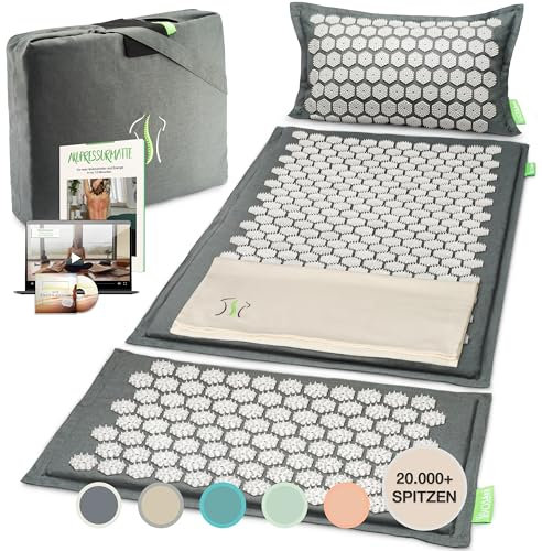BACKLAXX ® Akupressurmatte mit Kissen, XL [+120% mehr Fläche], Tuch und Tasche, Akupunktur Matte mit Stacheln zur Massage und Entspannung von Nacken und Schulter, Massagematte Rücken