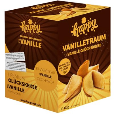Happy® Glückskekse Vanille – 10 vegane Glückskekse mit inspirierenden Botschaften – Knuspriger Vanillegeschmack – Geschenkidee und Mitbringsel für Geburtstag, Party, Silvester und besondere Anlässe