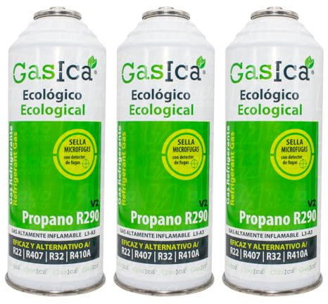 Pack 3 Bombonas Gasica V2 Gas Refrigerante Ecológico Orgánico sustituto R22, R407, R32, R410A y R290 para Recarga Aire Acondicionado tipo Split